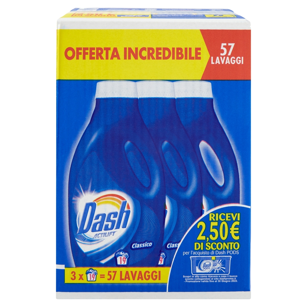 Dash Detersivo Liquido Lavatrice Classico 57 Lavaggi, 3x19 Lavaggi